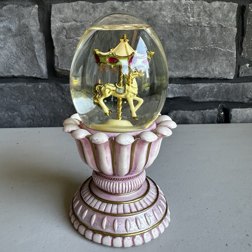 Vtg San Francisco Music Box Company Carousel Water Globe Oval Pink Horse Musical